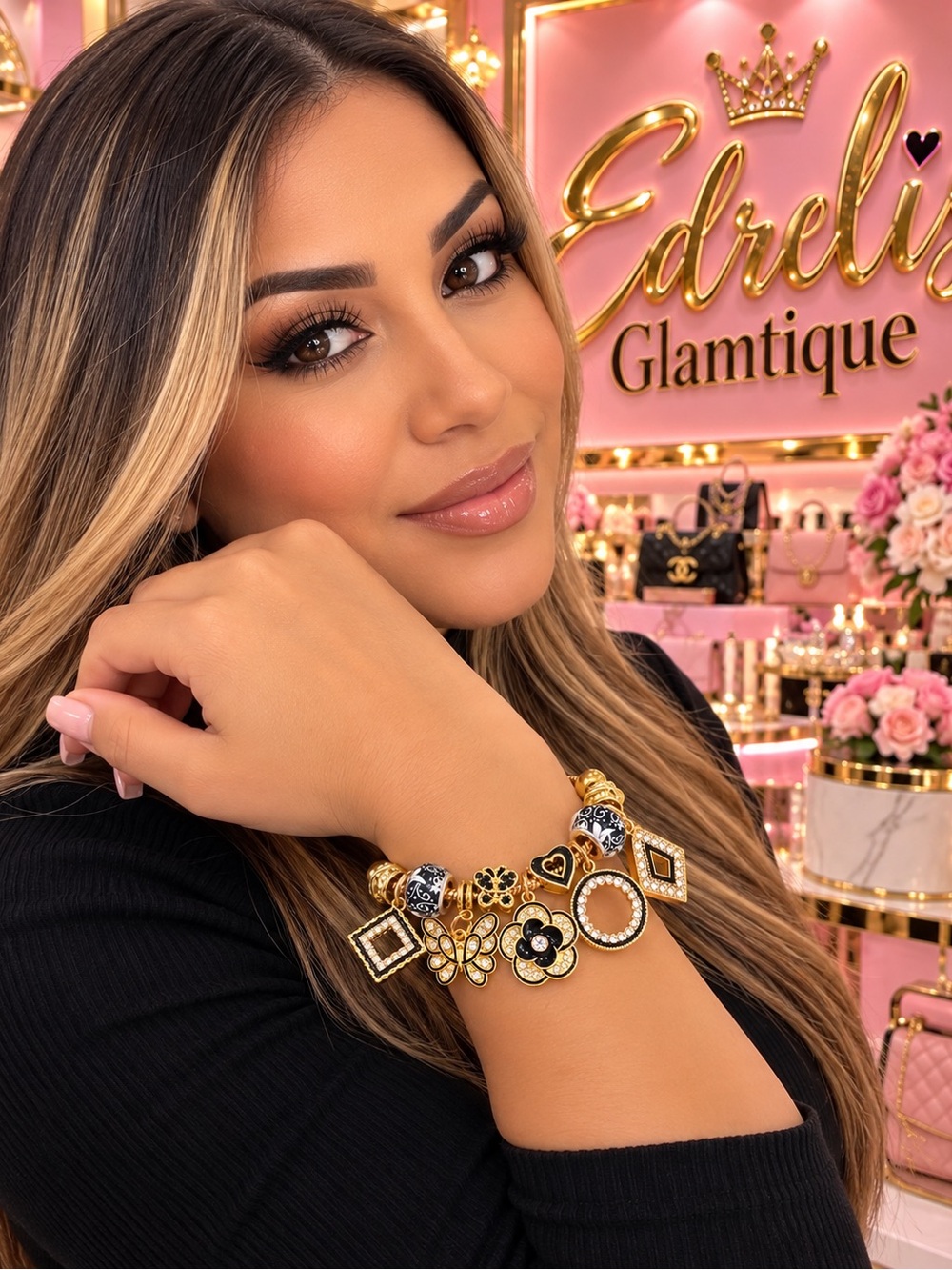 Gold and Black Floral Charm Bracelet